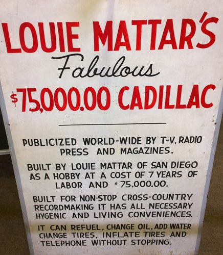 Louie Mattar Cadillac interpretive sign at San Diego Automotive Museum in Balboa Park