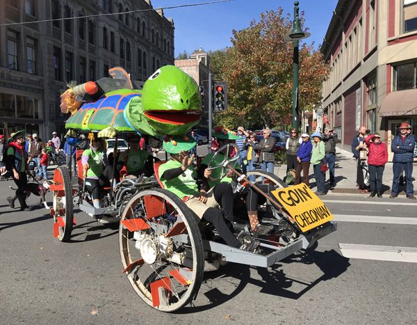 Port Townsend Kinetic Sculpture Race parade down on Street with turtle