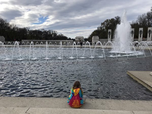 Contemplating World War II Memorial on National Mall in Washington DC