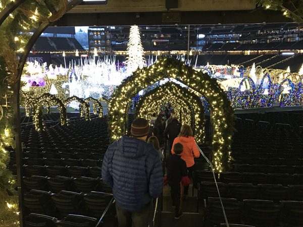 Entering Enchant Christmas lights at Seattle Mariners baseball stadium Safeco Field