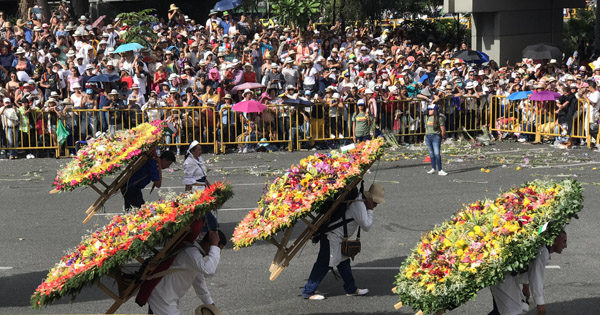 Festival of the Flowers parade silletero flower farmer vendor displays Medellin Colombia